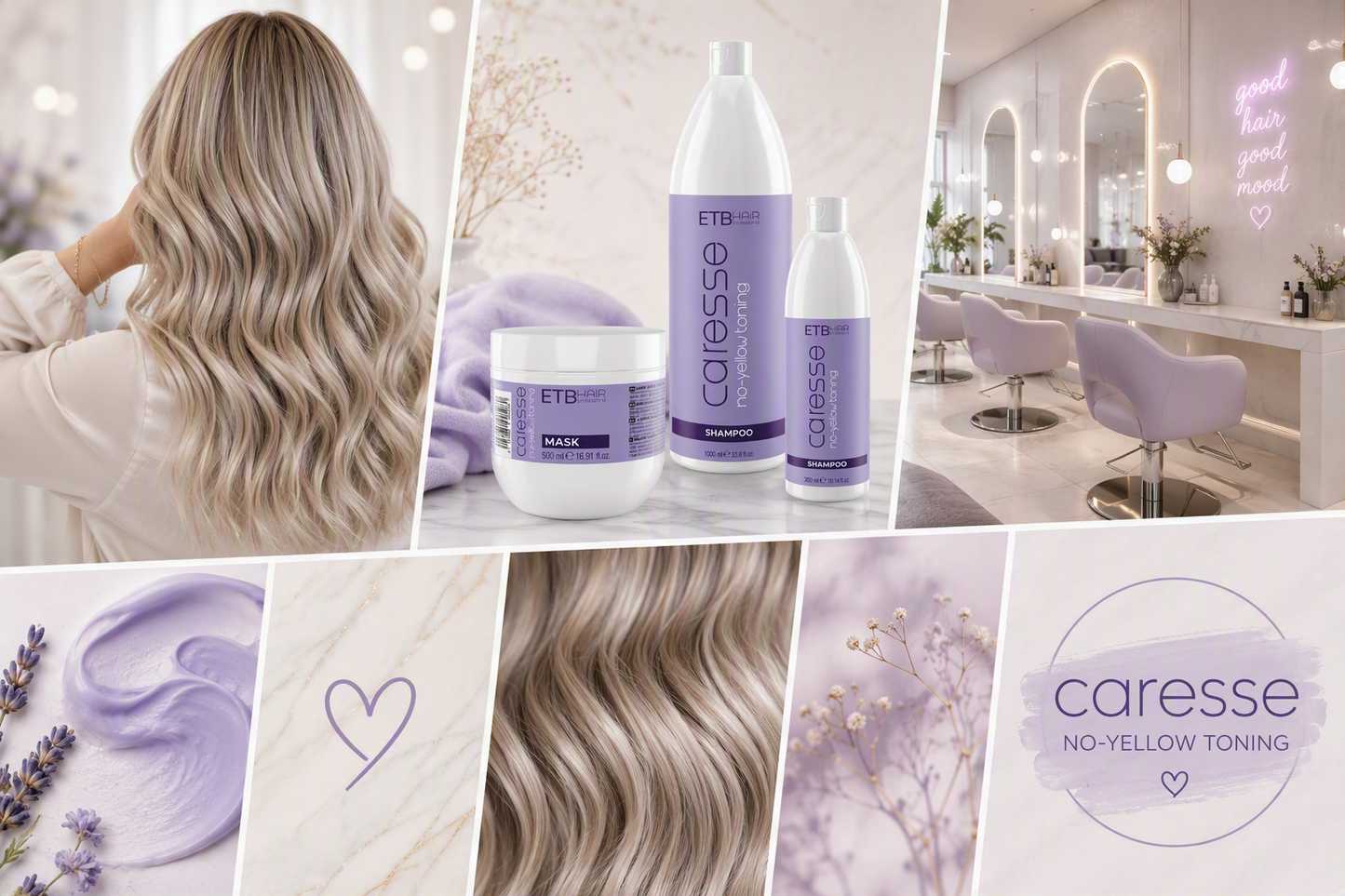 ETB Hair CARESSE Professzionális NO-YELLOW TONING Hamvasító Sampon, 1000 ml